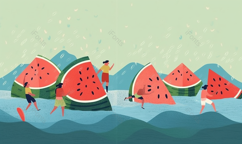 传统节气农历二十四节气夏天夏至大暑小暑西瓜清凉红色西瓜浸没在水中,插画/手绘图,插画/手绘图库,插画/手绘图下载,插画/手绘